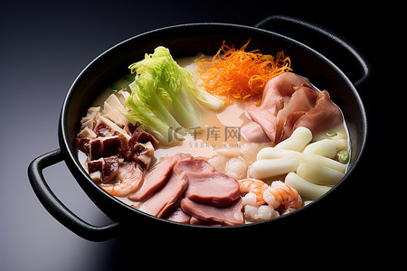 火锅背景图片_日本一碗汤，配料有肉蘑菇卷心菜等