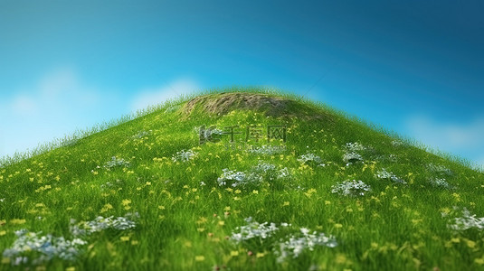 青草背景图片_风景如画的 3D 描绘了一座长满青草的山丘，在蓝天下点缀着小花