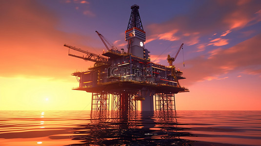 日落黄金时段的钻井平台和海上石油 3D 渲染