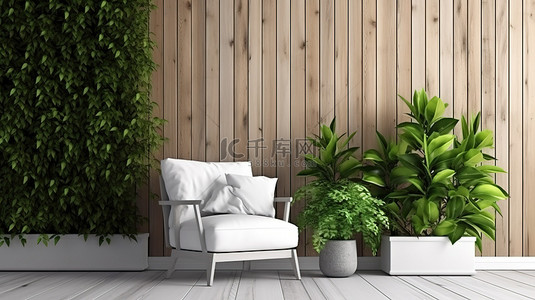 带椅子枕头和绿化的木墙 3D 渲染