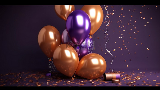 节日粉背景图片_闪闪发光的铜金和紫色 3D 气球，用于节日生日或祝贺庆祝活动，装饰有闪闪发光的五彩纸屑