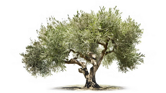 白色背景上带有复杂绿叶的孤立橄榄树的 3D 插图