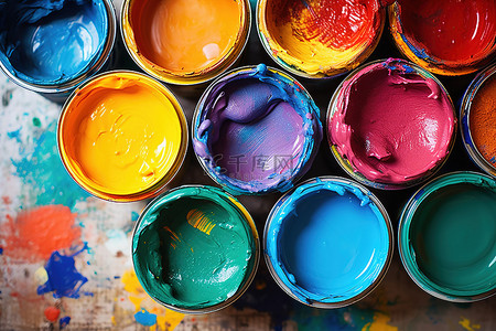 彩绘画布上桶中的彩色颜料