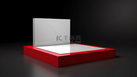 黑色背景的高级照片，红色基座上带有 3d 渲染的白色矩形