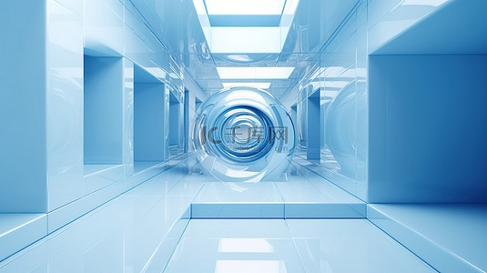 豪华蓝色立方体在 3D 渲染中在白色地板上扭转 360 度