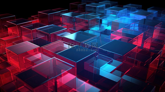 具有蓝色红色和淡紫色渐变反射的半透明矩形 3D 抽象插图