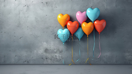 2023蓝色背景背景图片_蓝色混凝土背景中充满活力的心形气球水平横幅 3D 插图渲染新年庆祝活动