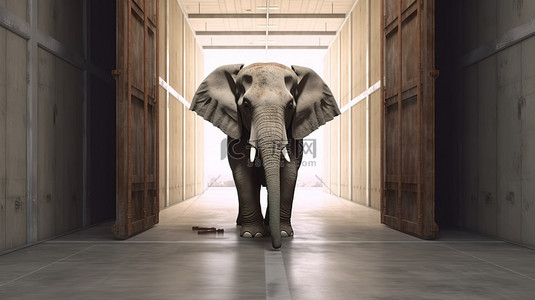 一只大象从仓库门外偷看 3d 渲染的创意概念