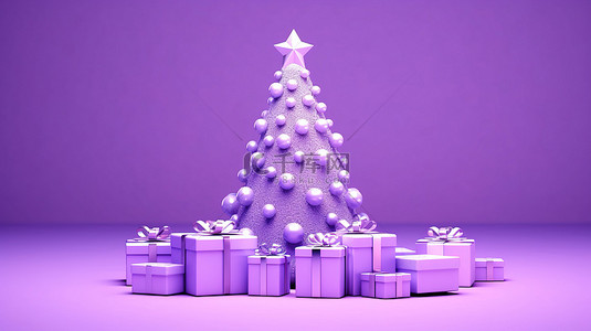 使用我们的紫色背景促销横幅以及节日树和 3D 渲染来提升您的圣诞节和新年礼物赠送