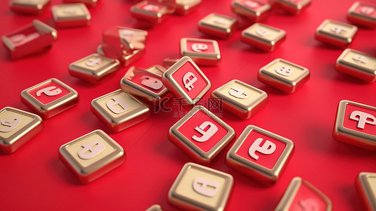 pinterest 标志点缀在一系列红色 3d 渲染的方形徽章上