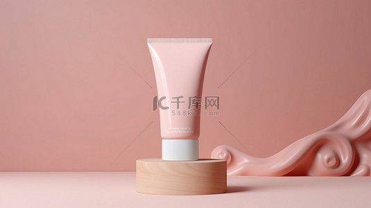 粉红色背景下木架上展示的化妆品管的 3D 渲染