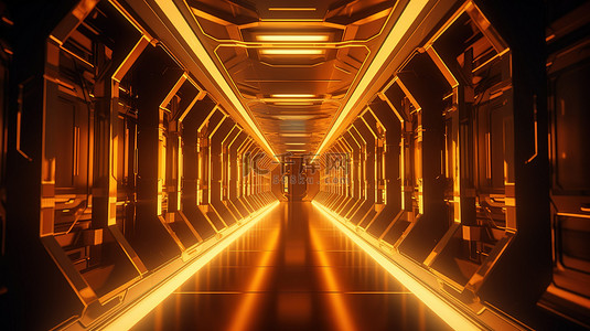 3d 霓虹灯橙色金色宇宙飞船走廊的科幻插图