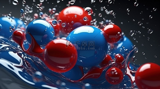 运动中失重的红色和蓝色液体的 3D 渲染