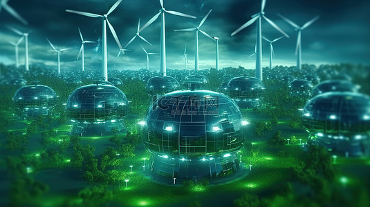 环保绿色能源背景图片_风力涡轮机农场 3D 渲染中处于绿色能源技术前沿的机器人