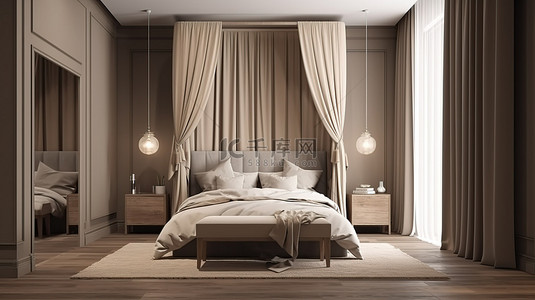 优雅别致的米色豪华卧室，配有木桌装饰和窗帘 3D 渲染图像