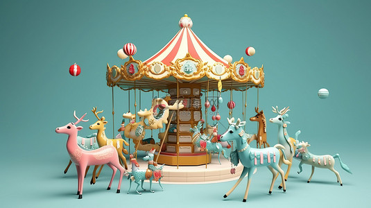 节日物品和 3D 渲染的卡通驯鹿旋转木马在空中盘旋