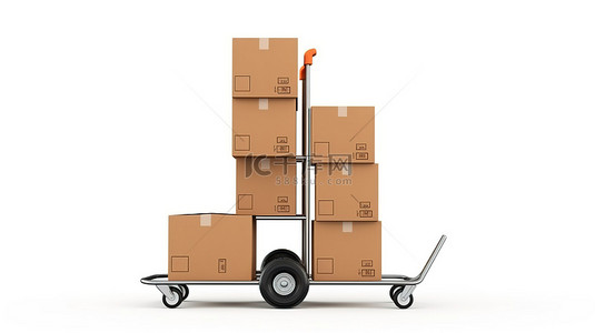 貨物動圖背景图片_白色背景，带有 3D 渲染的手推车运载三个棕色纸板箱