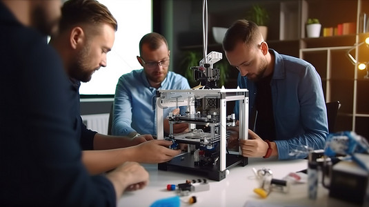 团队合作科技背景图片_三人合作设置 3D 打印机