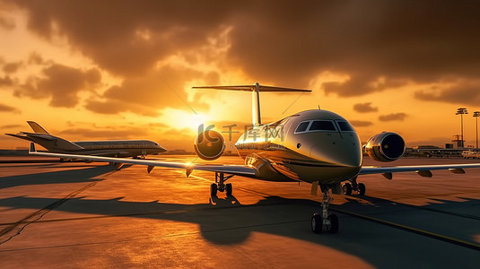 飞的背景图片_停飞的豪华私人飞机在日落天空视图 3D 渲染图像