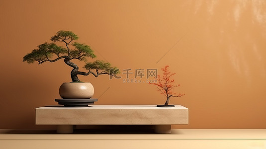 棕色美女背景图片_3D 渲染日本石讲台和盆景树在棕色背景上的插图，用于产品展示