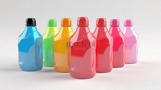 干净的白色背景下，多种色调的充满活力的塑料洗涤剂瓶 3D 渲染