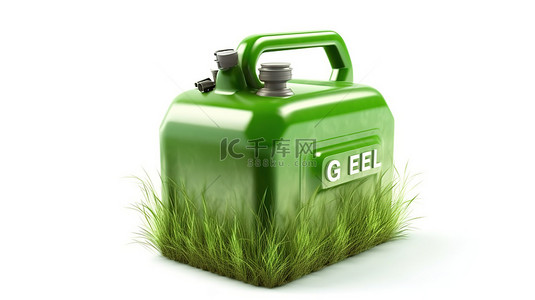 绿色燃料解决方案 3D 渲染可回收罐，在白色背景的郁郁葱葱的绿草上带有生物燃料标志