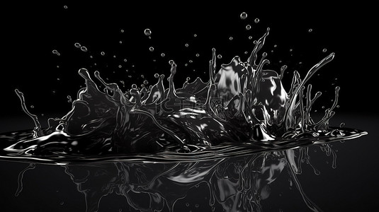 黑色背景上液体飞溅的 3d 渲染