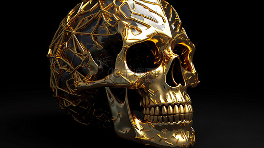 铁制背景图片_铁制金色金属头骨的 3D 渲染
