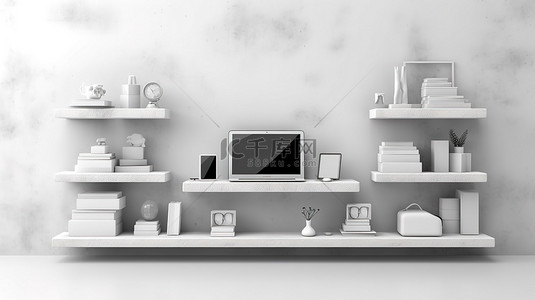 手机展示背景图片_白色混凝土墙架上展示的时尚电子产品，以 3D 插图显示电脑笔记本电脑手机和平板电脑