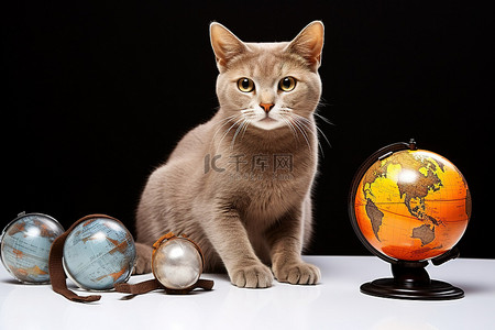 一只猫坐在地球仪和双筒望远镜旁边