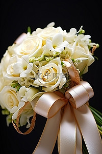 象牙色婚礼花束，带丝带和金蝴蝶结