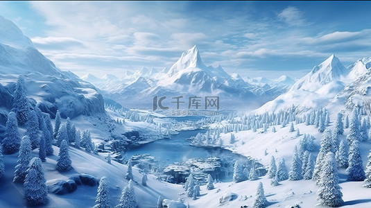 美丽的风景图案背景图片_冬季仙境令人惊叹的 3D 插图，雄伟的山脉和雪景