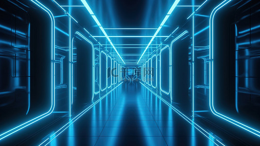 速度通道背景图片_未来主义的走廊，带有蓝色霓虹灯的照明通道的惊人 3D 渲染