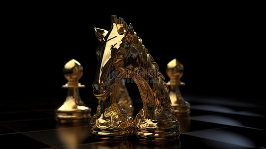 背景上的 3D 黄金骑士和皇后棋子