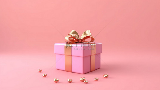 生日庆祝气球背景图片_粉红色礼品盒的 3D 渲染，带有金丝带和心形，并附有粉红色背景上的爱情主题购物横幅