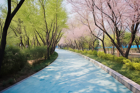 沿着树木和花朵之间的绿色小路的蓝色走道