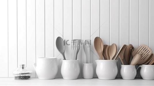 厨具木质背景图片_在白色木质背景 3D 渲染上模拟准备好的厨房用具