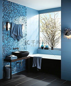 黑色头发直发背景图片_蓝色和黑色的浴室墙
