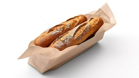 新鲜出炉的法棍面包包裹着纸 3d 在白色背景上呈现