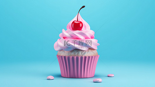 双色调蓝色圣代纸杯蛋糕，上面有樱桃，粉红色背景，3D 插图