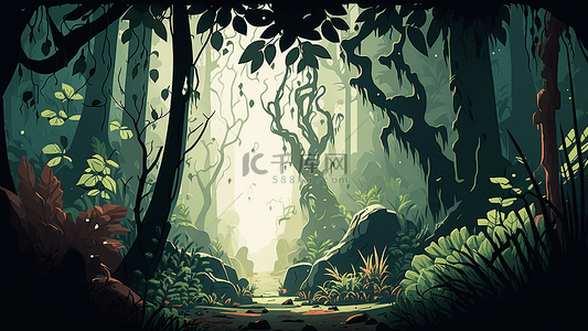 森林植物背景背景图片_森林草丛景色绿色插画背景