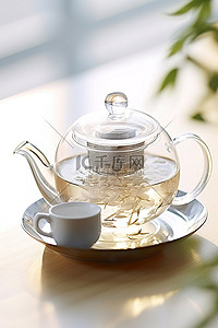 茶叶水背景图片_一些茶叶和一个茶壶放在玻璃碗里