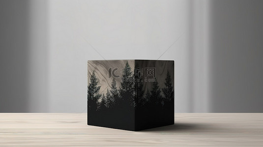 白色桌子展示了具有树影效果的 3D 渲染黑色木箱模型