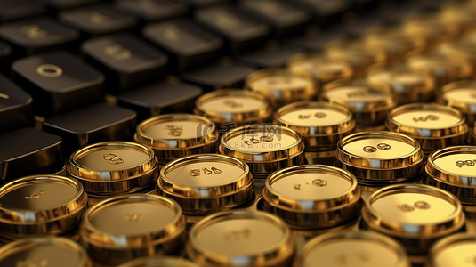 股票股票背景图片_键盘上的 3D 渲染金币说明了在线业务的概念