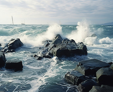 一群岩石前面是海洋