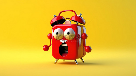 红色闹钟人物吉祥物，有人将其握在 3D 创建的充满活力的黄色背景上