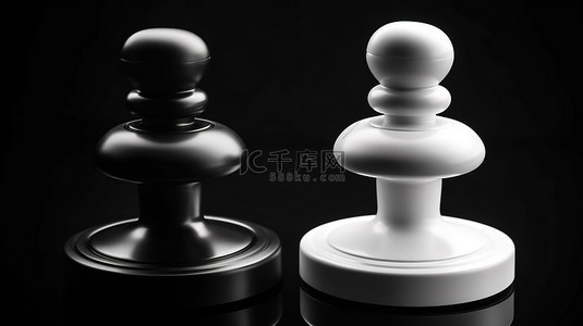 在黑色背景下的竞技游戏环境中黑白操纵杆的 3D 渲染
