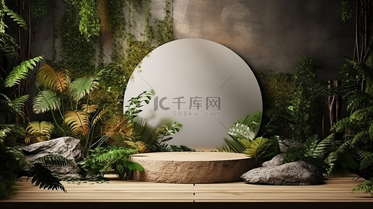 绿色风景背景背景图片_具有阁楼氛围的高架平台，用于展示具有 3D 自然模型插图的产品