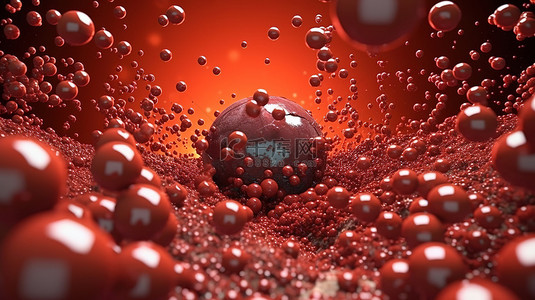 充满活力的红色抽象 3D 插图混沌球体和空旷的飞行粒子