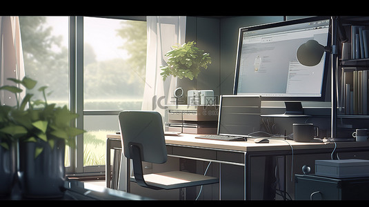电脑桌工作台背景图片_家庭办公室房间设有带电脑咖啡杯和花盆的工作台 3D 渲染插图